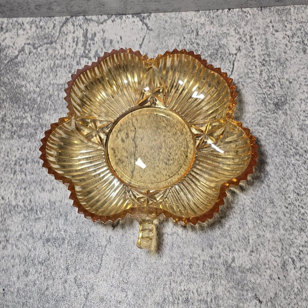 Federal Glass Shamrock Shaped Candy Nut Dish 6" Four Leaf Clover Vintage Amber